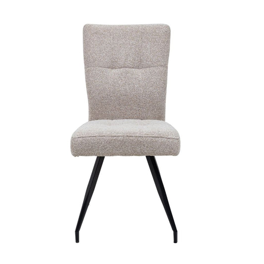Beige upholstered chair with black metal legs on a white background