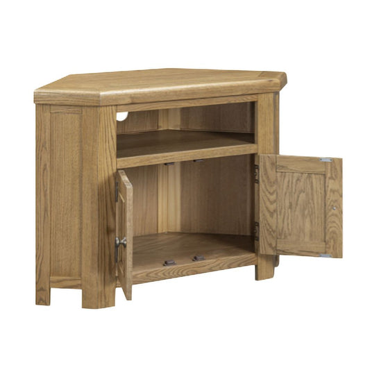 A corner media console with a warm oak finish, featuring two doors, a single shelf, and a corner-mounted design