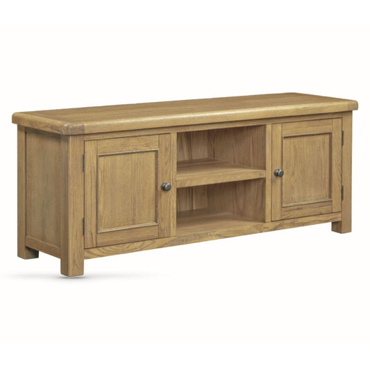 Wooden TV stand with two doors and a shelf on a white background