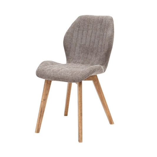 Chair with beige upholstered seat and backrest on wooden legs against a white background