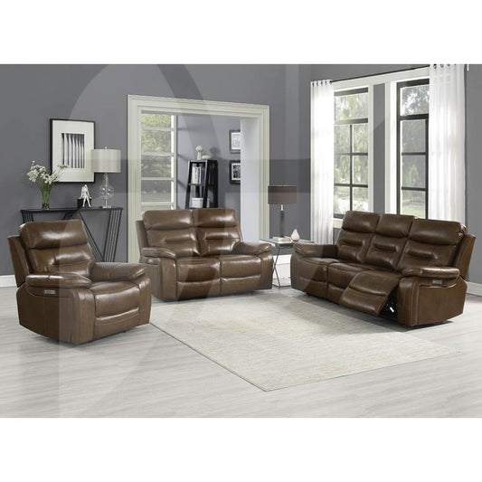 A three-piece brown leather reclining sofa range, including a 1 seater, a 2 seater , and a 3 seater. All with electric recline.