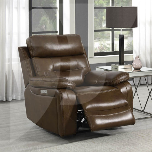 A beautiful brown leather recliner with electric recline and USB ports to charge devices