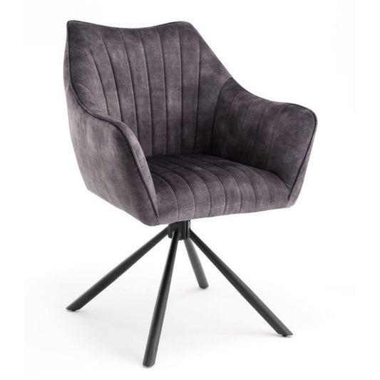 Grey upholstered chair with black metal legs on a white background