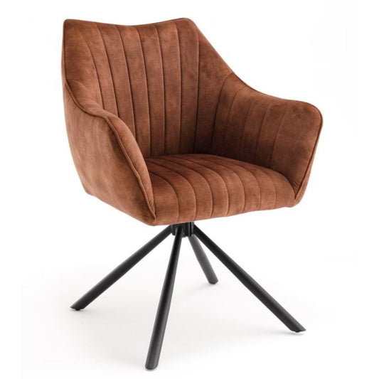 Rust upholstered chair with black metal legs on a white background