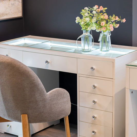 White dressing table with 120cm glass top.