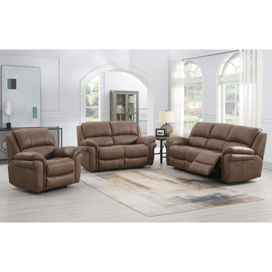Brown fabric reclining sofa set in a living room setting with mirrors and decor.