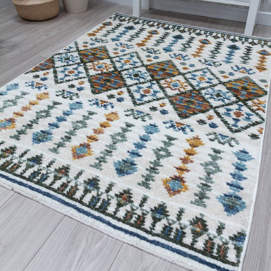 Decorative rug with geometric pattern on a wooden floor