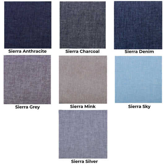 A colour swatch grid showing seven fabric-like texture samples in the Foundations Bed Collection labelled Sierra Anthracite, Sierra Charcoal, Sierra Denim, Sierra Grey, Sierra Mink, Sierra Sky, and Sierra Silver.