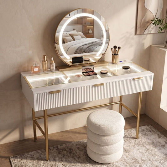A modern vanity with round Hollywood mirror and matching stool.