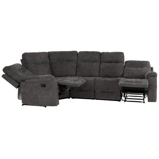 Gray sectional sofa with reclining features on a white background