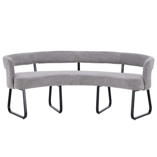 A curved upholstered bench with a light grey fabric seat and backrest, supported by four black metal legs.