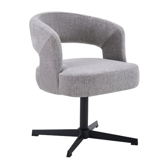Grey textured fabric chair with open backrest.