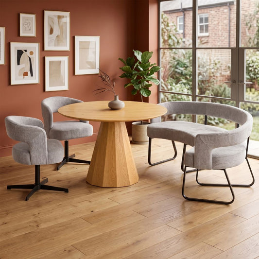 Stylish and modern round oak dining set with curved fabric bench and 2 fabric dining chairs in grey