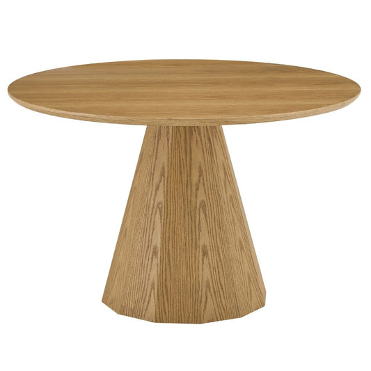 The oak round table has a modern pedestal base and a lovely natural grain.