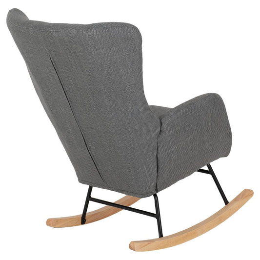 Gray upholstered rocking chair with wooden rocking base on a white background