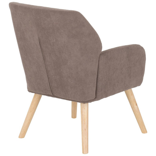 Brown upholstered chair with wooden legs on a white background