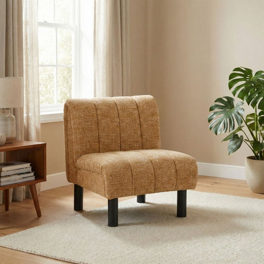 Mustard upholstered chair with gorgeous deep vertical stitching