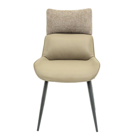 A modern upholstered dining chair with a taupe seat, a textured taupe backrest cushion, and black tapered metal legs.