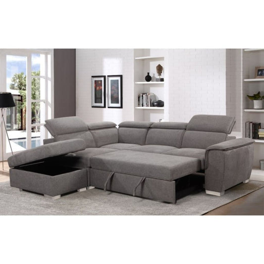 Modern grey corner sofabed with adjustable headrests and hidden storage compartments