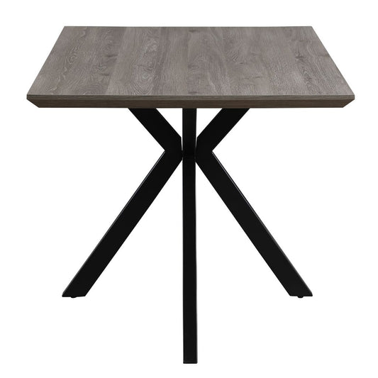Square table with a gray wooden top and black metal legs on a white background