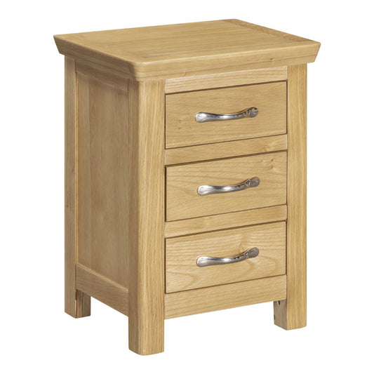Wooden nightstand with three drawers and metal handles on a white background