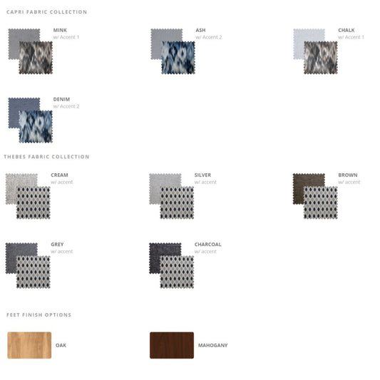 Fabric and finish color swatches for a Capri fabric collection on a white background.