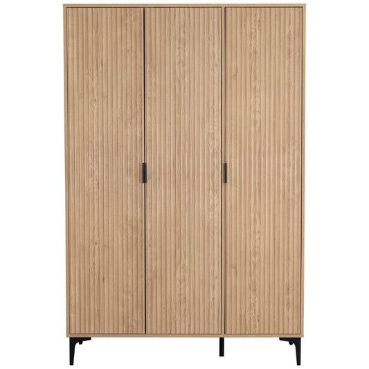 Wooden wardrobe with three doors on a white background