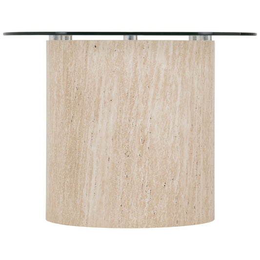 Round glass-top table with a beige wooden base on a white background