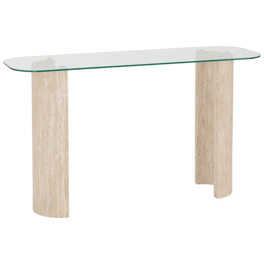 Glass-top console table with wooden legs on a white background