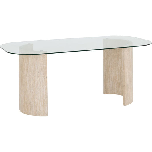Glass-top dining table with wooden legs on a white background