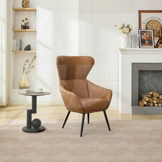 Tan fabric accent chair with a high backrest
