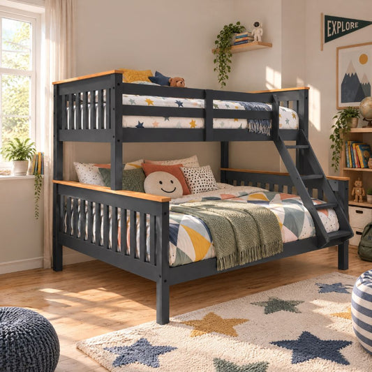 Dark grey triple sleeper with oak accents
