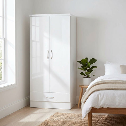 2 door 1 drawer wardrobe finished in white gloss with silver handles
