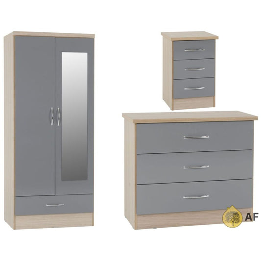 Nevada Grey Gloss 3 Piece Bedroom Furniture Set inc. 3-Drawer Chest