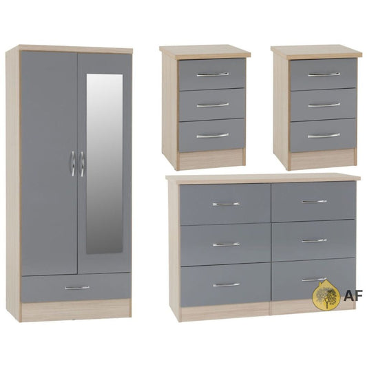 Nevada Grey Gloss 4 Piece Bedroom Furniture Set inc. 6-Drawer Chest