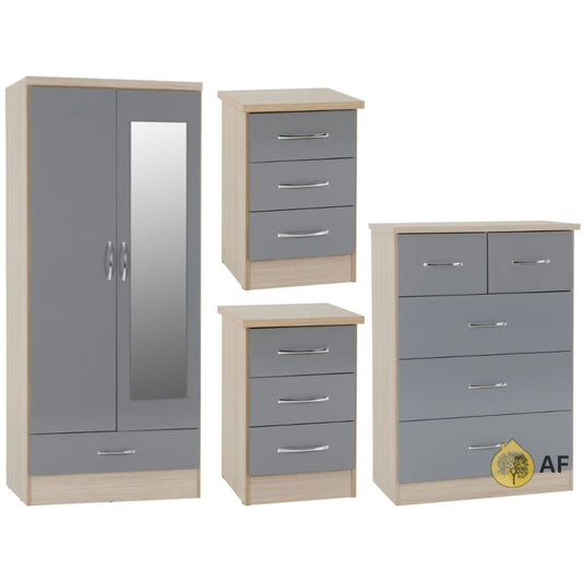 Nevada Grey Gloss 4 Piece Bedroom Furniture Set inc. Mirrored Robe