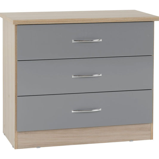 Nevada Grey Gloss and Light Oak Effect 3-Drawer Chest