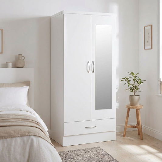2 door 1 drawer wardrobe in white gloss with silver handles