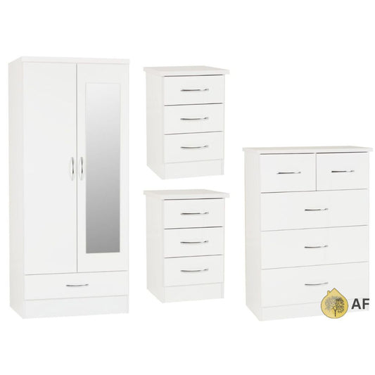 Nevada White Gloss 4 Piece Bedroom Furniture Set inc. Mirrored Robe