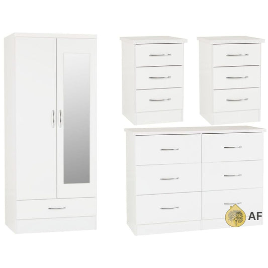Nevada White Gloss 4 Piece Bedroom Furniture Set inc. 6-Drawer Chest