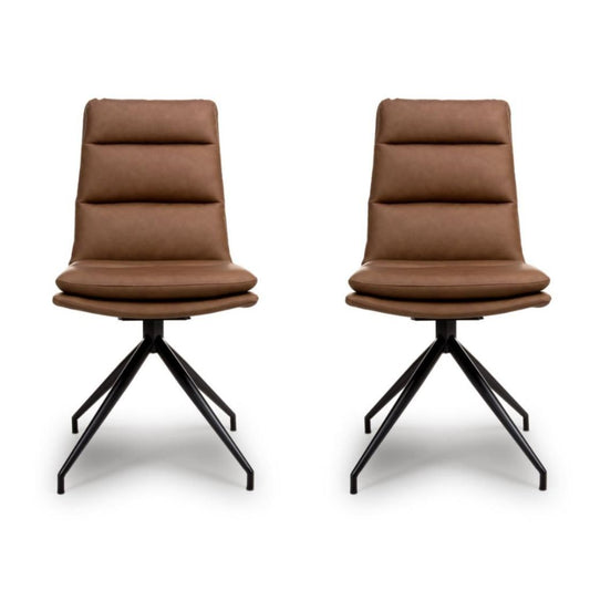 Two brown chairs with black metal legs on a white background