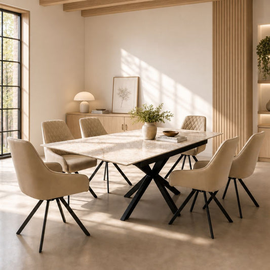 A stunning dining set with a taupe sintered stone top and taupe PU chairs to match both with black legs.