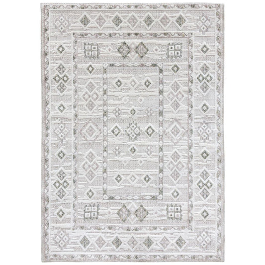 Patterned rug with geometric design on a white background