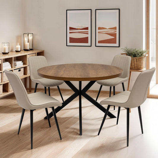 Panni 1.2m Round Dark Oak Dining Table + 4 Riace Chairs