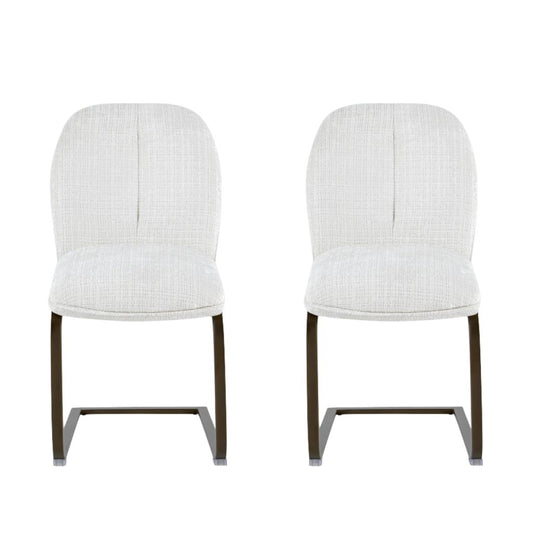 Two white upholstered chairs with metal legs on a white background
