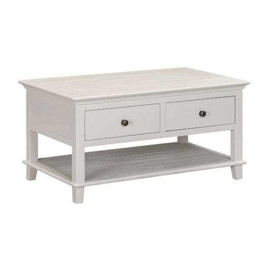 Beige coffee table with two drawers on a white background