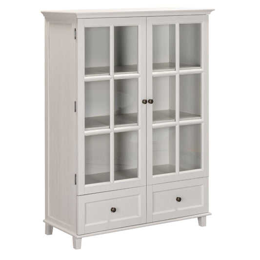 Beige cabinet with glass doors and drawers on a white background