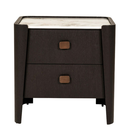 Dark wooden nightstand with two drawers and a marble top on a white background