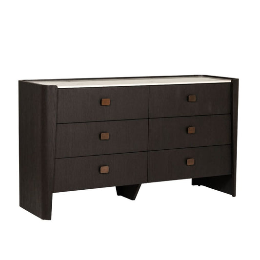 Dark wood dresser with six drawers on a white background