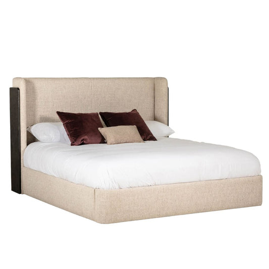 Beige upholstered bed with white mattress and brown pillows on a white background